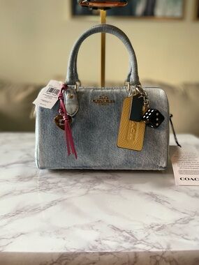 NWT Coach Outlet Rowan Satchel Bag In Loved Denim With Charms